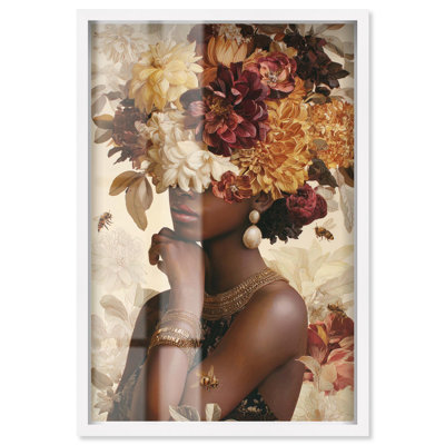 Bumblebee Blossoms Shadowbox Print Gold Floral Art by Art Remedy, White Frame, 30 x 45