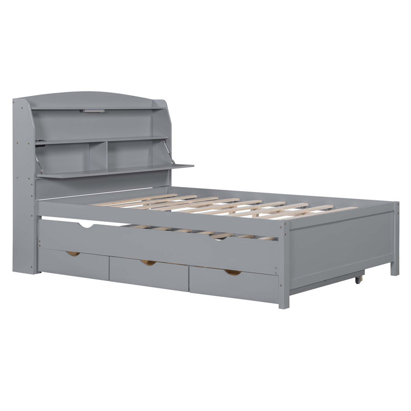 Wooden LED Platform Bed with Trundle, Grey, Twin