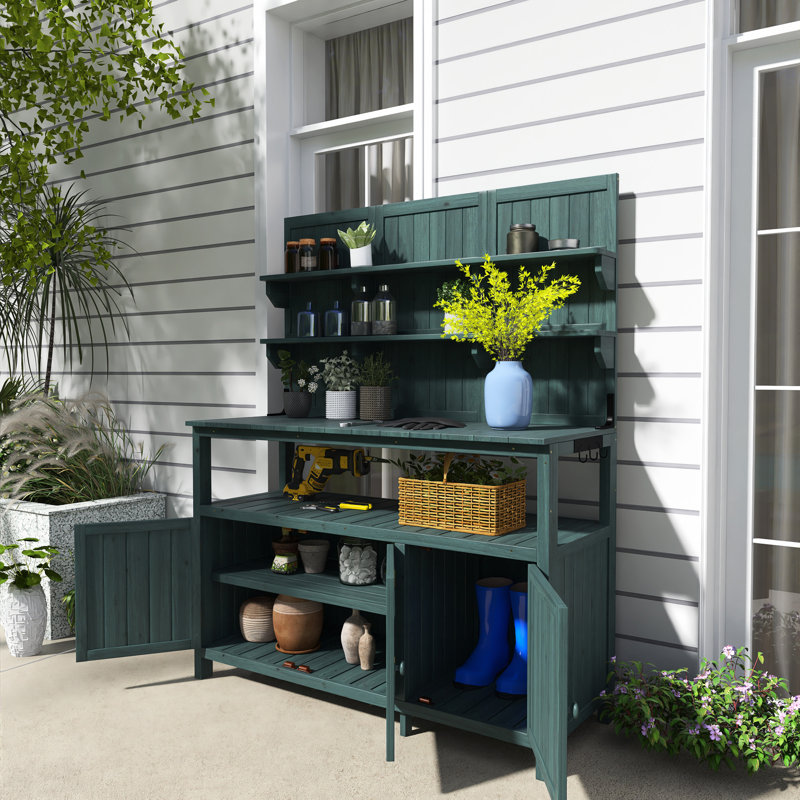 Table de rempotage en bois de sapin 65,4 "avec tablettes et armoires, Vert