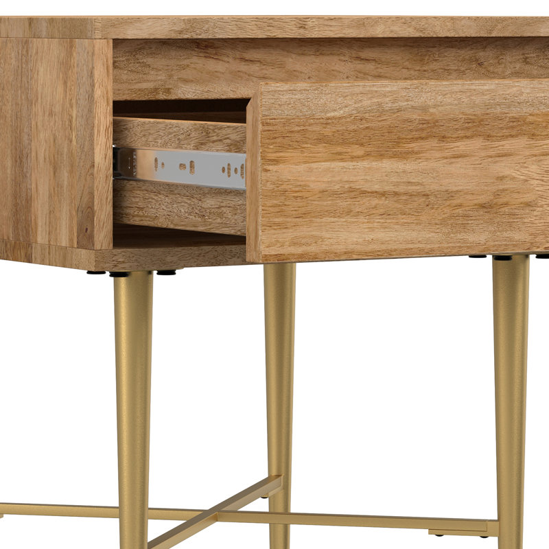 Natural Mango Wood Square End Table with Gold Metal Legs and Drawer