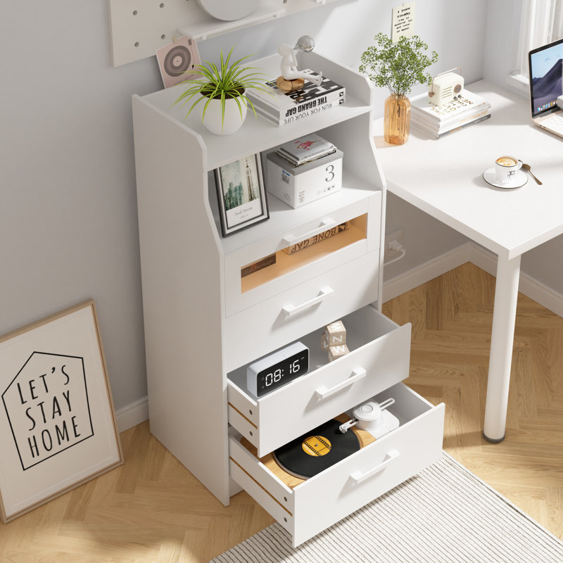 4 Drawer Tall Wood Dresser, Vertical Dresser With Charging Station And LED Lights, Drawer Chest For Bedroom