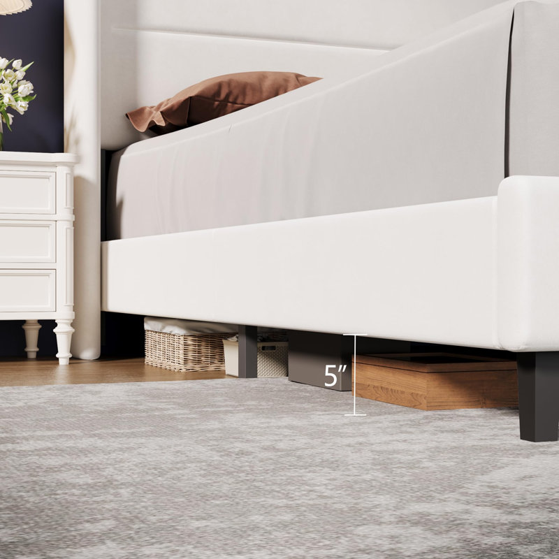 Cadre de lit King Size avec tête de lit à oreilles, lit plateforme en velours avec lattes en bois, sommier non requis, montage facile, blanc