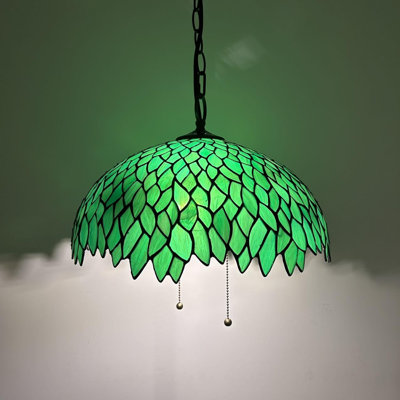 Colorado Tiffany Pendant Lights Fixture Green Stained Glass Leaves LED Bulbs Included 16”W*16”D*75”H
