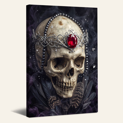 Crâne fissuré avec couronne argentée et gemme rouge, art sur toile d'Halloween