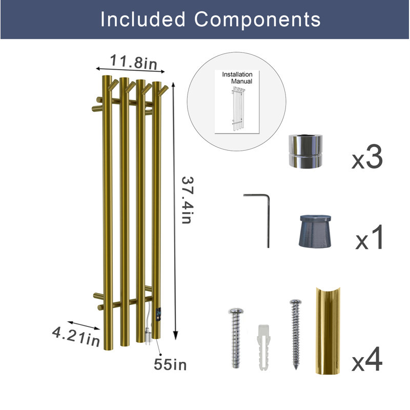 Porte-serviettes chauffant avec minuterie, chauffe-serviettes électrique pour la salle de bain, 4 rails verticaux, câblés ou à brancher