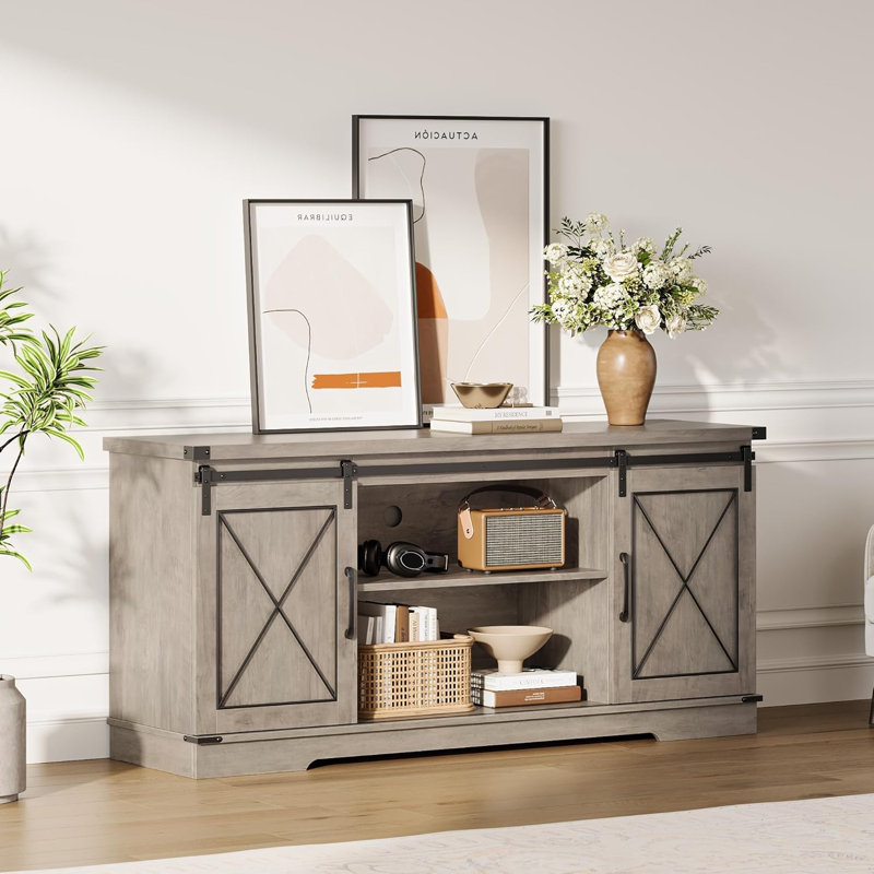 TV Stand for TVs Up to 65" TVs, Farmhouse Entertainment Center with Storage Cabinets & Adjustable Shelf