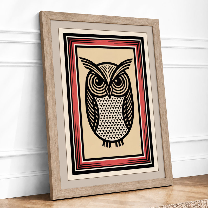 Geometric Owl Art Deco - Framed Print, A2 - 59.4 x 42.0 cm, Oak