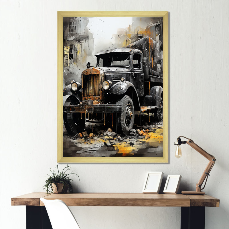 " Old Black Garbage Truck ", Gold Single Picture Framed, 20" H x 12" W x 1" D