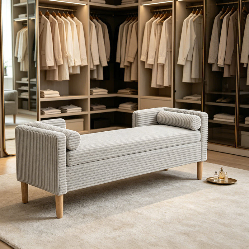 Banc de rangement rembourré Corduroy, Gris clair