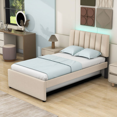Lit plateforme tapissier simple avec lit gigogne simple Rikelme
