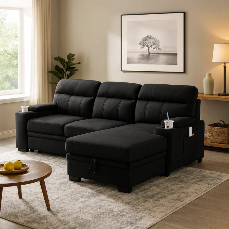 Canapé-lit et chaise longue en microfibre de 94 po faisant face à la droite, Microfibre noire