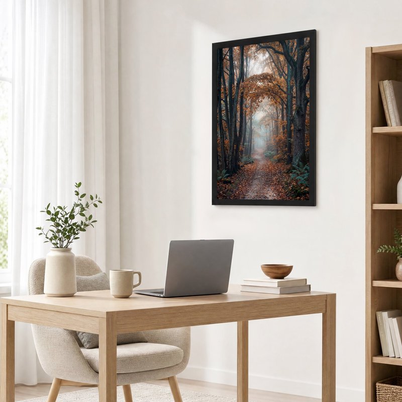 Tableau sur toile « Chemin forestier brumeux d'automne avec feuilles orange », H 18 po x l 12 po