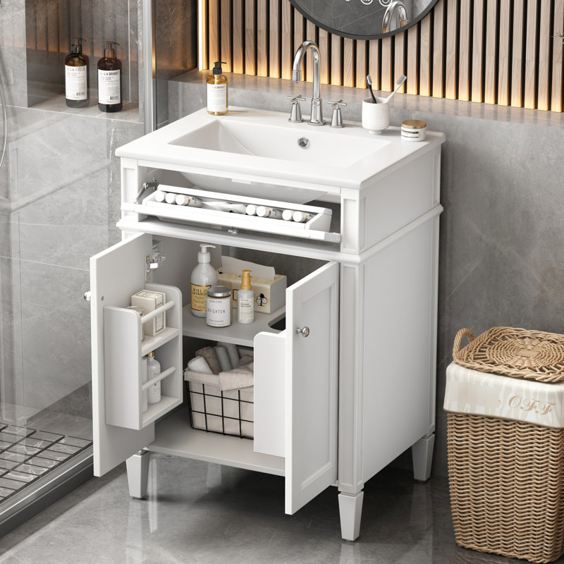 Meuble-lavabo de 61 cm (24 po), deux portes, tiroir, lavabo en céramique et fonction de fermeture en douceur pour salles de bain compactes. Rangement à 2 portes de 61 cm (24 po), rails coulissants basculants.