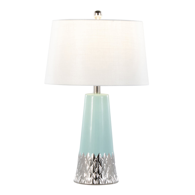 Lampe de table contemporaine en céramique 22 pouces avec corps bleu foncé et argent et abat-jour blanc, Bleu Tiffany