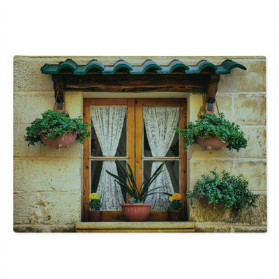 Ambesonne Rustic Cutting Board Large Size Old Window and Flowers Beige Green