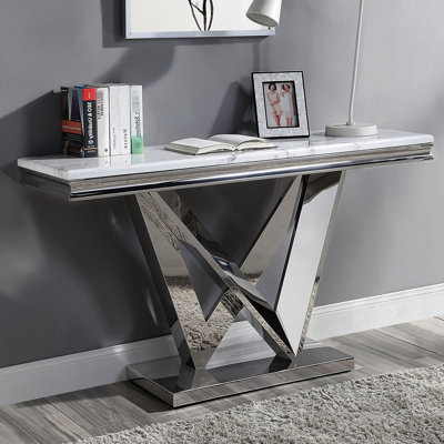 1pc Style Table With 18mm Beveled Faux Marble On Top, Stainless Steel V-shape Pedestal, Rectangular Base, Base Structure Unique