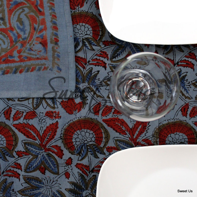 Block Print Cotton Floral Tablecloth Rectangle, Blue, 70" x 106"