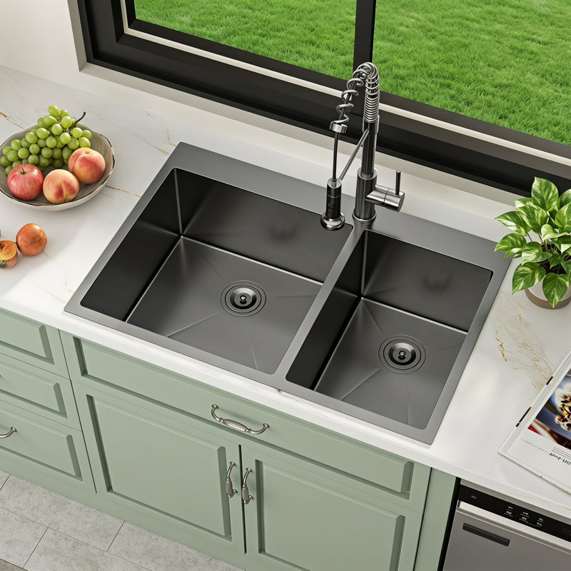 33" L x 22" W Drop-in Double Bowl 60/40 Kitchen Sink Gunmetal Black 16 Gauge Stainless Steel Sink