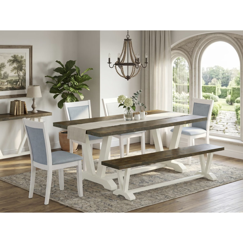 Ensemble de salle à manger 6 pièces comprenant une table rectangulaire à pieds en V et 4 chaises Parson en lin bleu ciel avec banc, 101,6 x 182,9 cm (40 x 72 pouces).