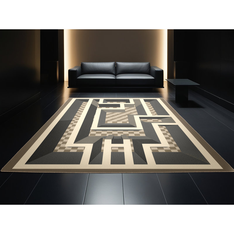 Tapis à carreaux brun et beige Pantelis lavable à la machine, Rond 7 pi