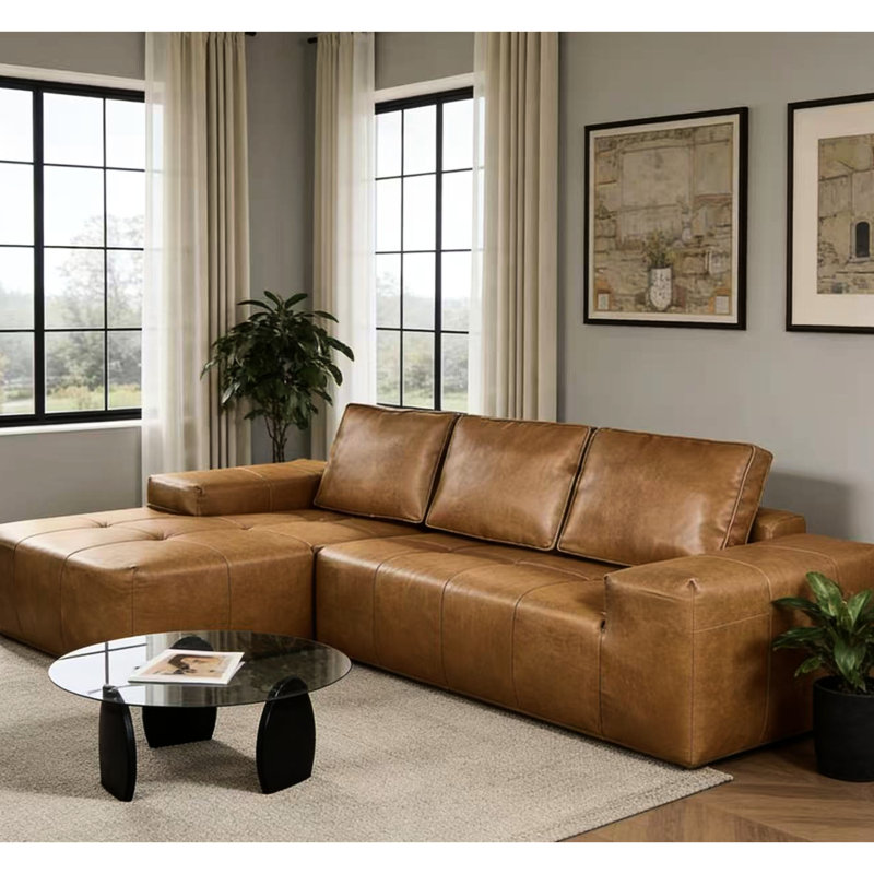 Similicuir brun désossé en forme de L modulaire, sans assemblage, mousse à mémoire de forme douce, 3 sièges, moderne Mid-Century, dossier coussiné avec méridienne, désossé, assise moelleuse,