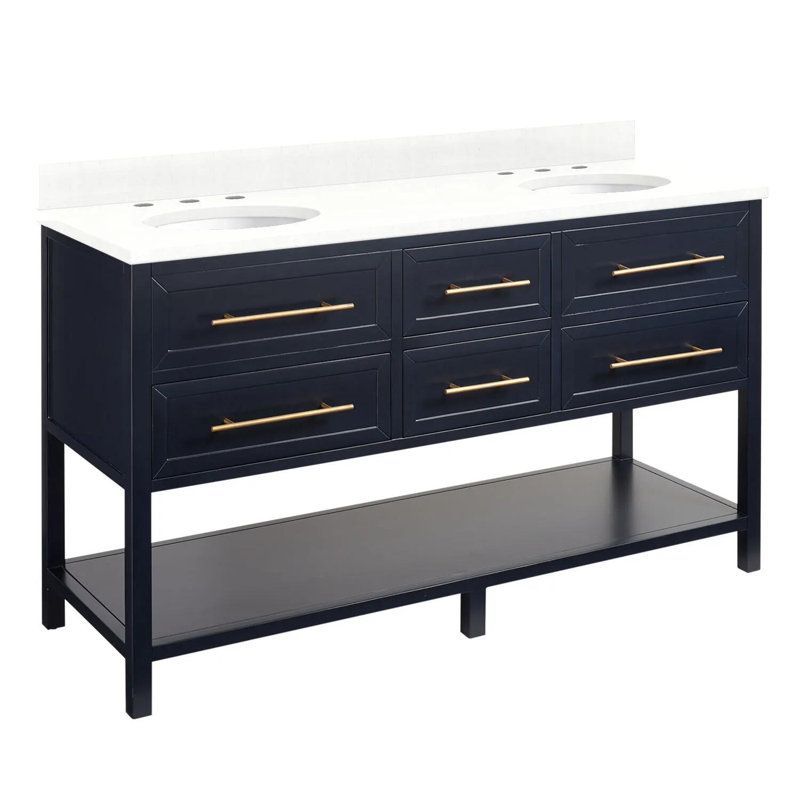 Ensemble de meuble-lavabo double 60 "avec lavabos ovales encastrés Robertson, Quartz blanc à plumes, Bleu marine de nuit