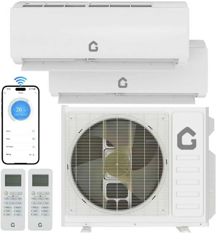 18 000 BTU 24 SEER2 mini zone à double zone AC / pompe à chaleur. Système WiFi 9k + 12k.  . Couvre 1 200 pieds carrés pour le salon et la chambre à coucher