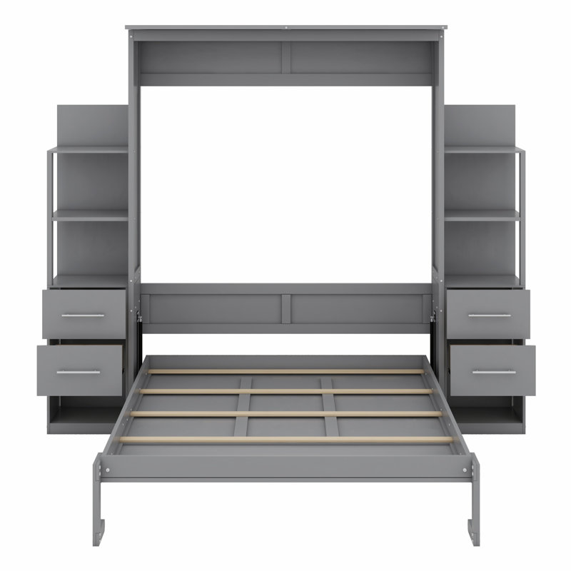 Lit escamotable double avec tablettes, tiroirs et DEL, Lit double, Gris