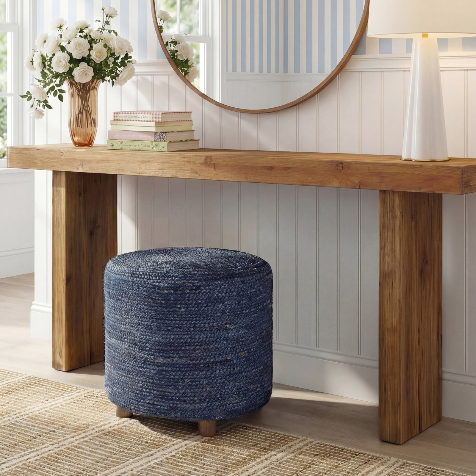 Kerrin Upholstered Ottoman, Wheat/Brown Jute