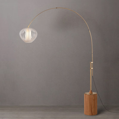 Tambo Arc Lamp - Weathered Brass Steel Body, Sphere White Satin Steel Shade, Steel Wood Base, Floor Foot Slide Dimmer, 92" Height, 68" Reach, Dimmable, Modern Design