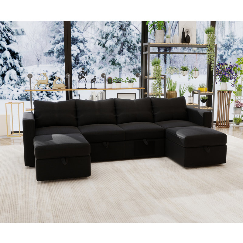6-Seat Upholstered Sofa with Built-in Speaker, Modular Sectional Sofa with Ottoman, Sofa Couch with Storage,, Black