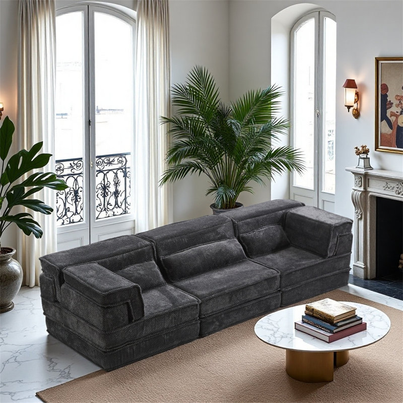 Canapé modulaire convertible sans os, surdimensionné à trois places avec trois coussins, Gris foncé