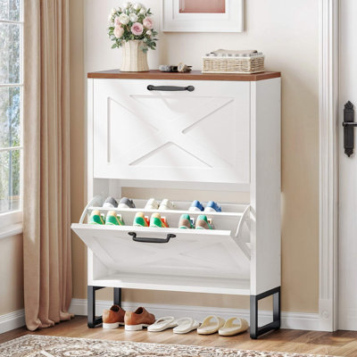 Farmhouse Slim Shoe Storage Cabinet with 2 Flip Drawers & Barn Door Style