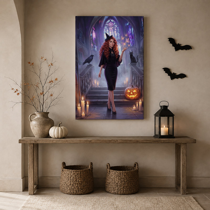 Toile rouge, sorcière dans la cathédrale gothique avec citrouille d'Halloween, art mural, 30"H x 20"W