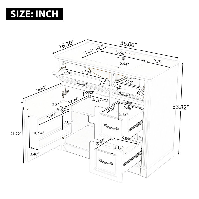 Meuble-lavabo simple sur pied 36 po avec lavabo en céramique, charnières et tiroirs à fermeture en douceur, Noir, Blanc