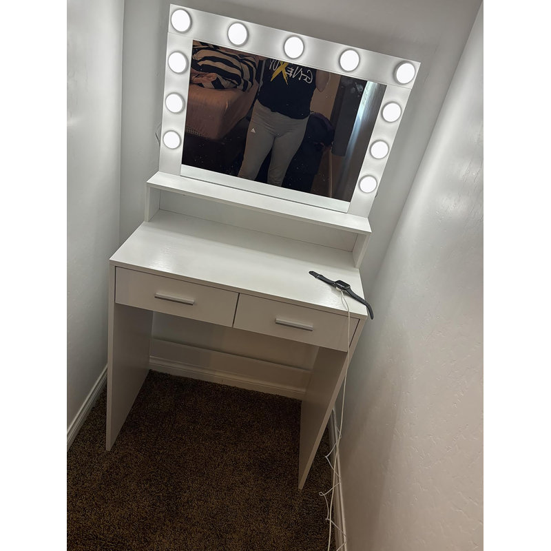 Vanity Desk with Mirror and Lights, Dressing Table with Large Drawer, 2 Level Storage Dresser & 3 Lighting Modes Adjustable Brightness