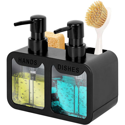 Dish Soap And Hand Soap Dispenser For Kitchen Sink, Soap Dispenser Set With Sponge Caddy And Brush Holder, Organizer For Kitchen Sink Countertop, Black