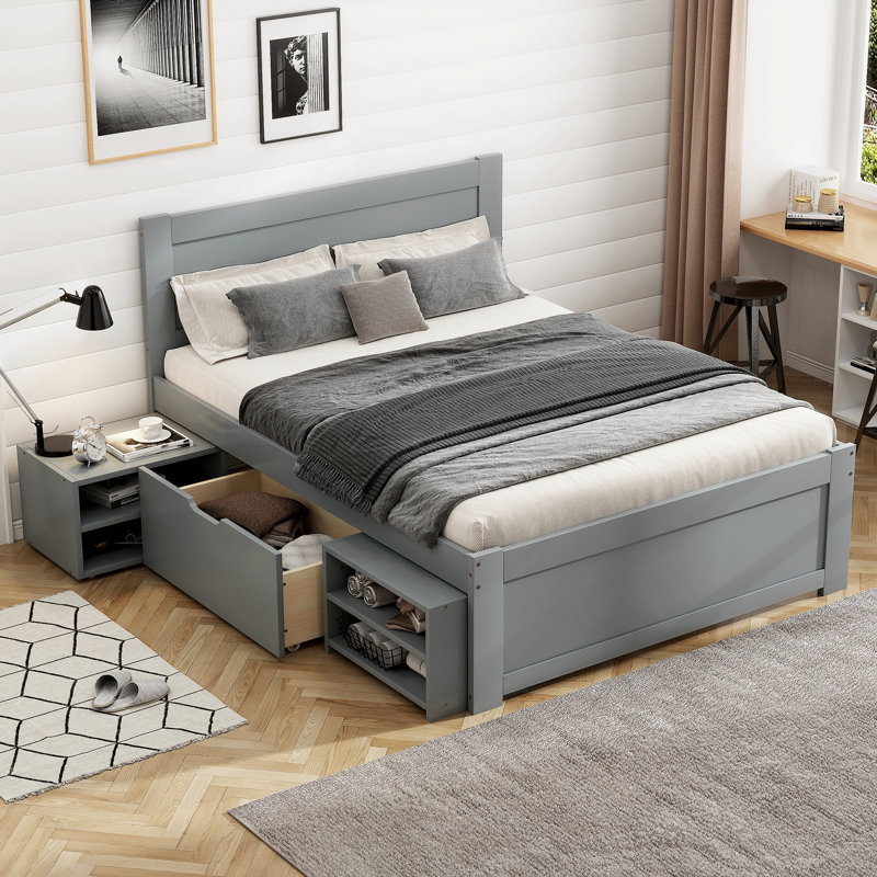 Lit plateforme avec tiroir et deux tablettes, Lit simple, Gris antique