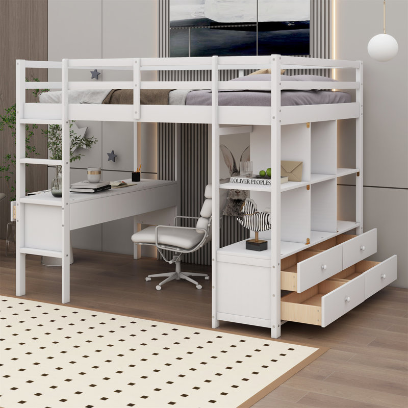 Loft Bed with Built-in Desk with Two Drawers, and Storage Shelves and Drawers, Full, White 