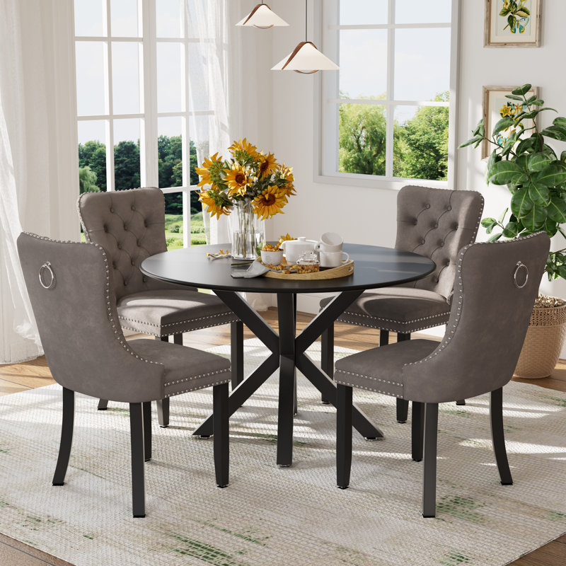 Ensemble de table et chaises de cuisine rondes pour 4, Noir, noir, noir, noir, Gris / Noir