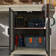 Oak-Finish Garage Work Bench With Mesh Cabinet Door And Adjustable Shelf