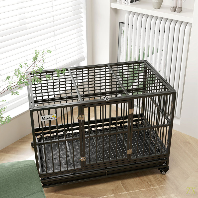 Cage à chien en cage robuste de 48 po Pawhut avec roues verrouillables, porte double et plateau amovible