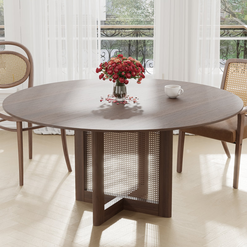 Table de salle à manger ronde en bois massif avec piédestal en rotin, Noyer, H 30 po x L 60 po x l 60 po