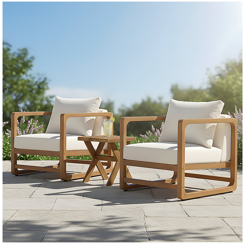 Set of 2 Acacia Wood Loungers with PE Rattan & Sandblast Cross Base Side Table Set