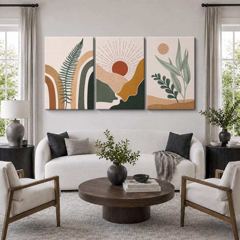 «Mid Century Modern Boho Sun Forest Plant», ensemble de 3 impressions sur toile, H 24 po x l 48 po, Toile tendue