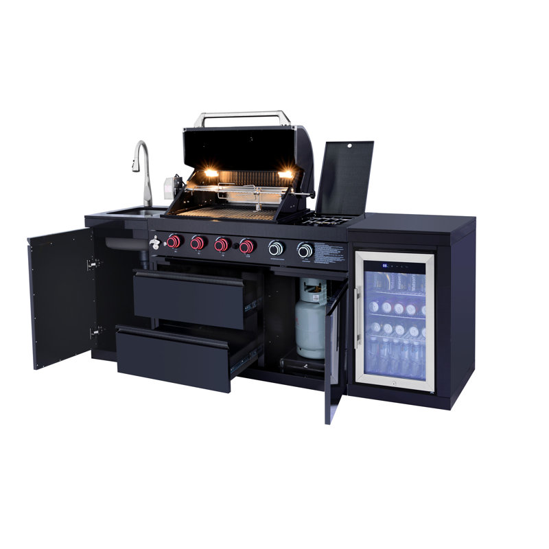 Îlot de cuisine extérieur 85,2 pouces 4 + 1 brûleur barbecue au propane 71500 BTU acier inoxydable 304 de couleur noire avec CSA, certification ETL + évier + réfrigérateur