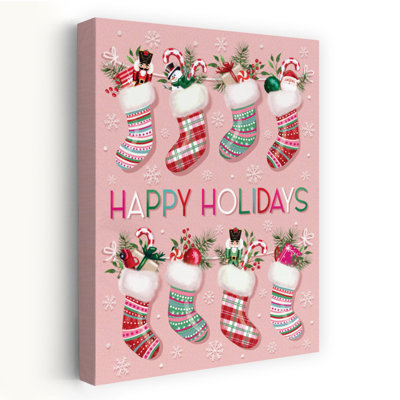 «Happy Holiday Stockings I» - art contemporain de Noël avec des bas de Noël