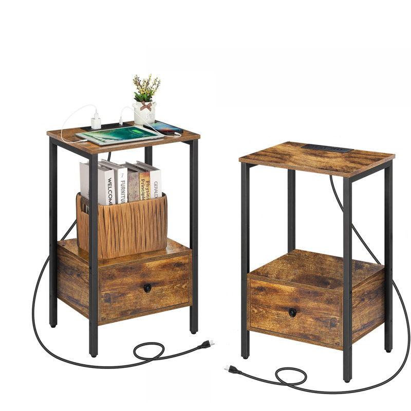 Table d'appoint avec chargeurs et tiroirs, Brun brûlant / noir