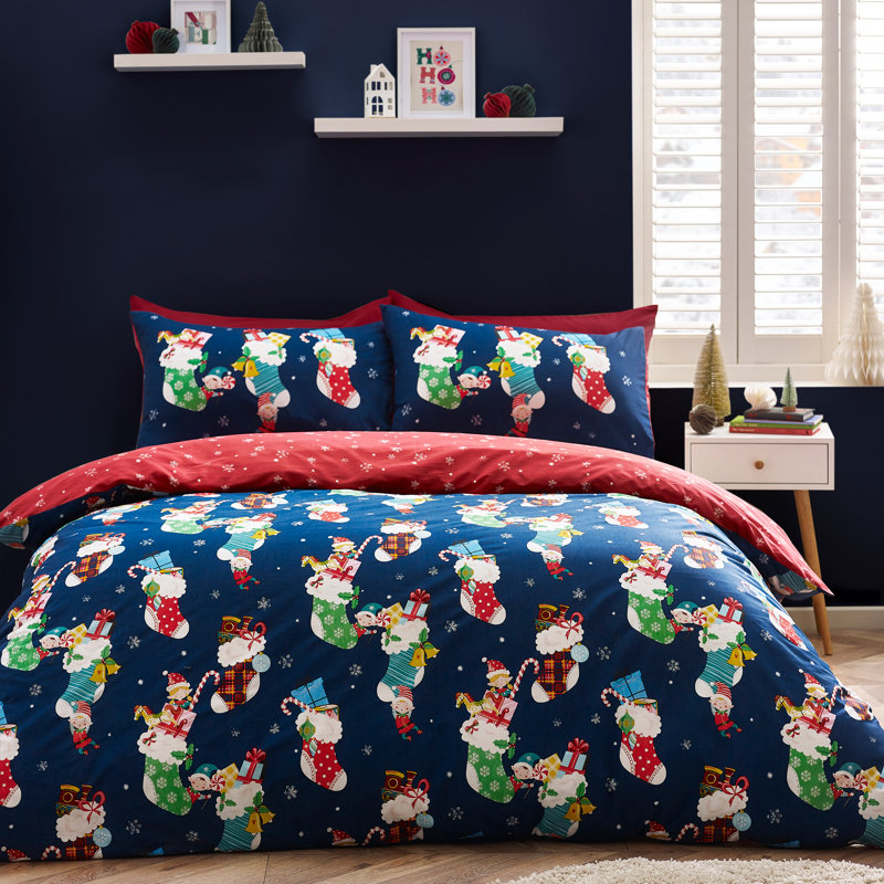 Christmas Elves Cotton Rich Duvet Cover Set, Double Duvet Cover Set + 2 Standard Pillowcases