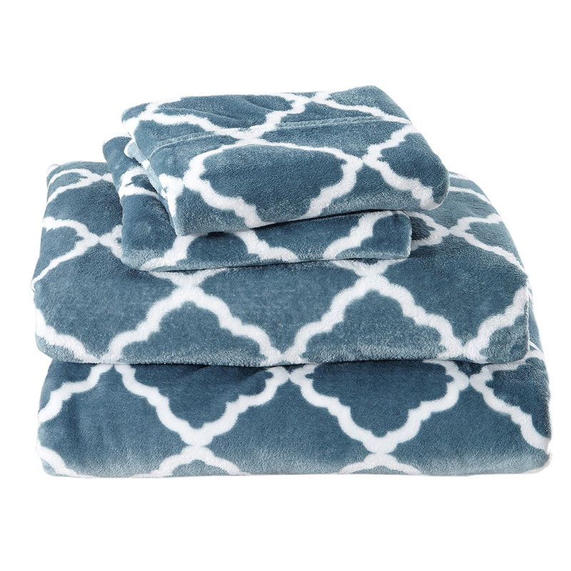Queen Smoke Blue and White Velvet Plush Sheet Set